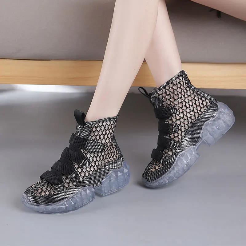 Женские короткие ботинки на плоской подошве 2024 года, новые универсальные летние дышащие и удобные сетчатые ботинки с вырезами, сетчатые ботинки, сандалии для девочек