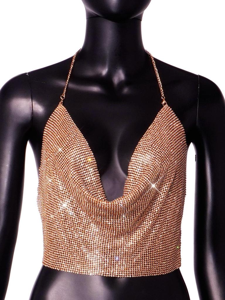 Европейская и американская мода Стразы Цепочка Бретелька Глубокий V-образный вырез Открытая спина Кроп-топ