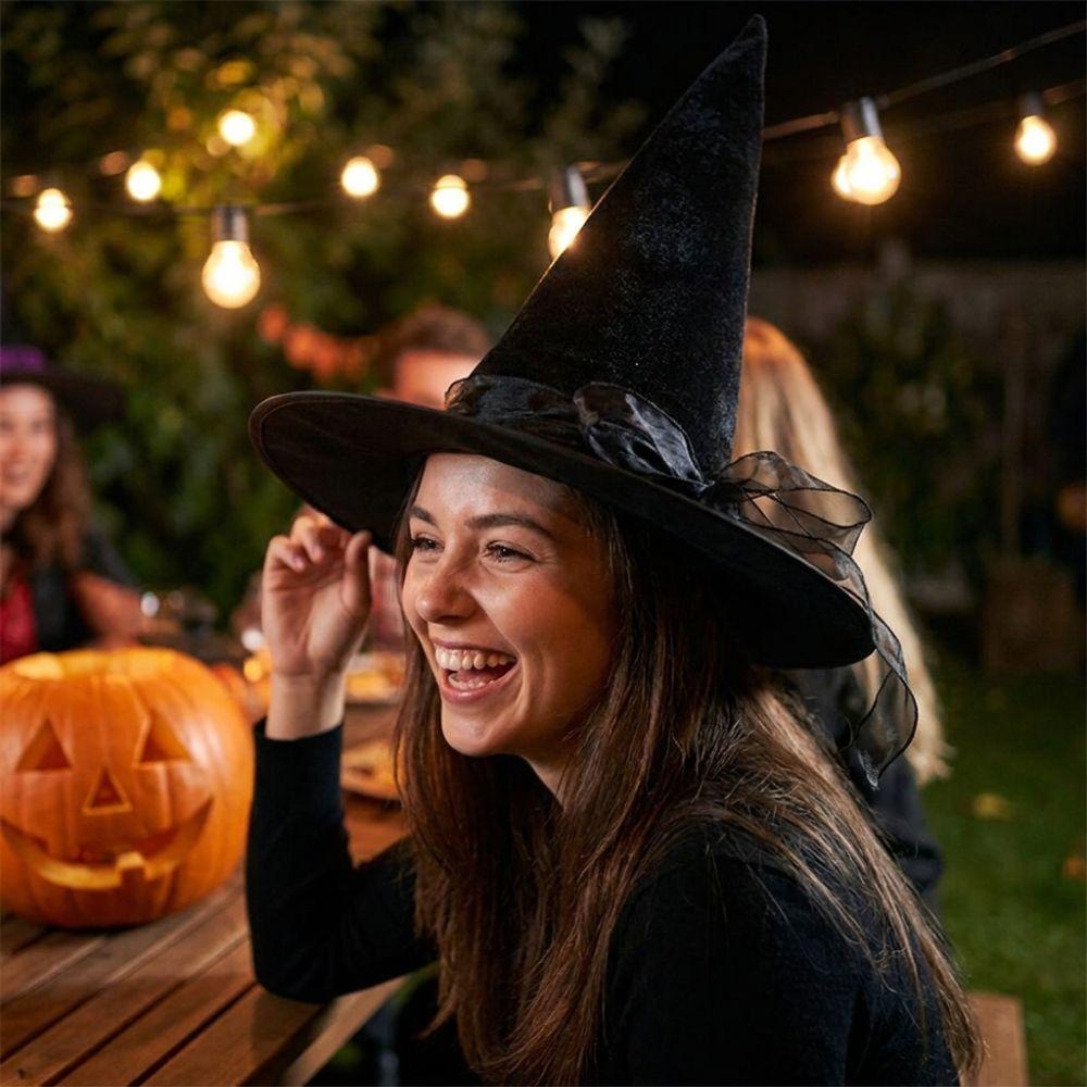 with Lace Halloween Witch Hat Wide Brim Vintage Cosplay Cap Halloween Decor Hat Halloween Party