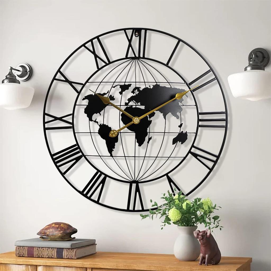 Large World Map Wall Clock, Metal Minimalist Modern Clock, Round Silent Non-Ticking Battery Operated Wall Clocks for Living Room/Home
