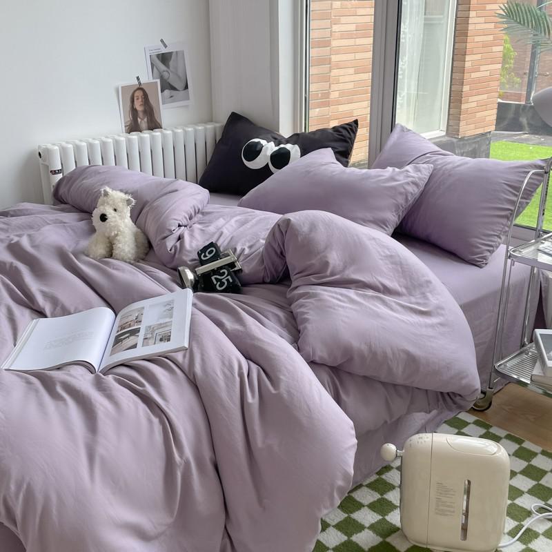 Однотонный Комплект Пододеяльника из Мягкой Микрофибры с Эффектом Стирки 4 Предмета на Двуспальную/Полуторную/Королевскую Кровать с Застежкой-Молнией 1 Пододеяльник 1 Простыня 2 Наволочки