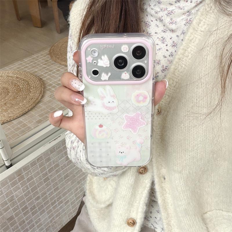 Girly Heart and Flower Patchwork Rabbit Puppy Phone Case for iPhone 17/16 Pro Max/15 Pro.