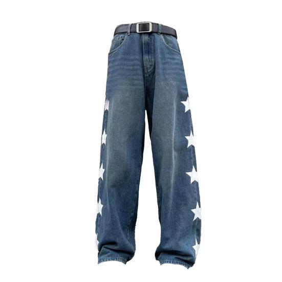 Мужские джинсы с широкими штанинами, прямые, свободные, со звездным принтом, полная длина, сплошной цвет, карманы, пуговицы, застежка-молния, мягкая уличная одежда в стиле ретро, ​​мужские длинные брюки