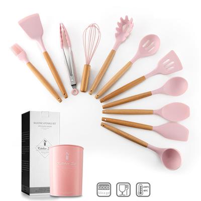 Розовый силиконовый набор кухонных принадлежностей, антипригарная посуда, лопатка, венчики для яиц, деревянная ручка, кухонные инструменты