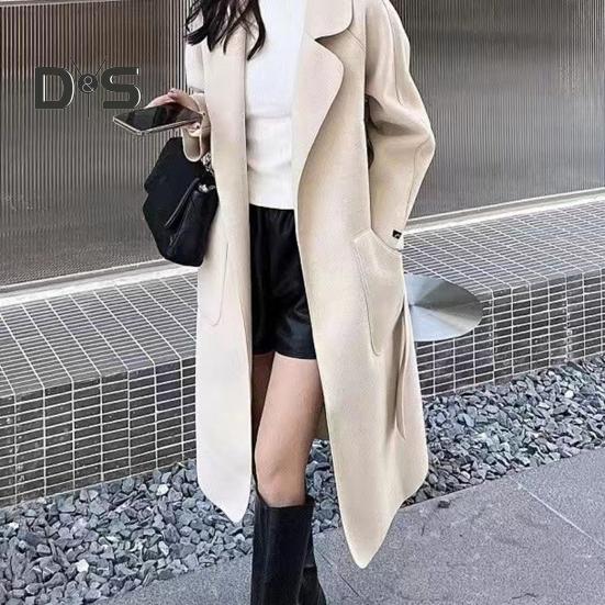 Fall Winter Women Overcoat Turn Down Collar Long Sleeve Open Stitch Pockets Loose Mid Length Solid Color Soft Warm Thick Lady Mid Calf Length Coat