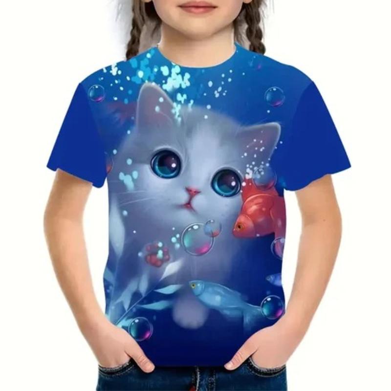 Children's Cartoon Kitten Print Cute Tie Dye Multi-color T-shirts Girls Fashionable Soft Comfortable T-shirt
