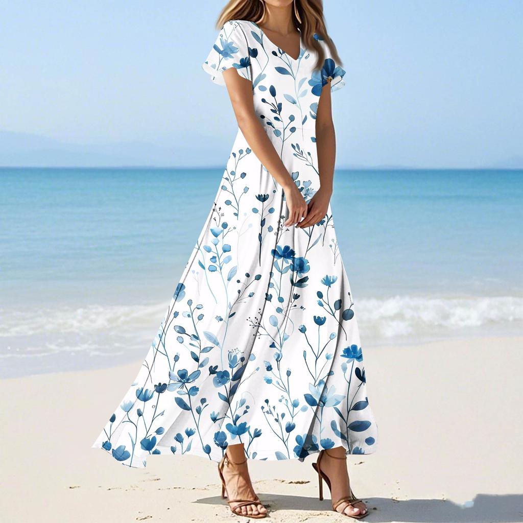 Women's Casual Fashion Print Long Dresses V-Neck Short Sleeve Dresses