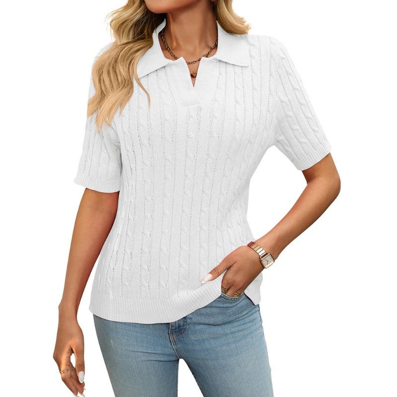 Women's Summer New Short-sleeved Lapel Stranded Jumper V-neck Knitted Pullover Tops