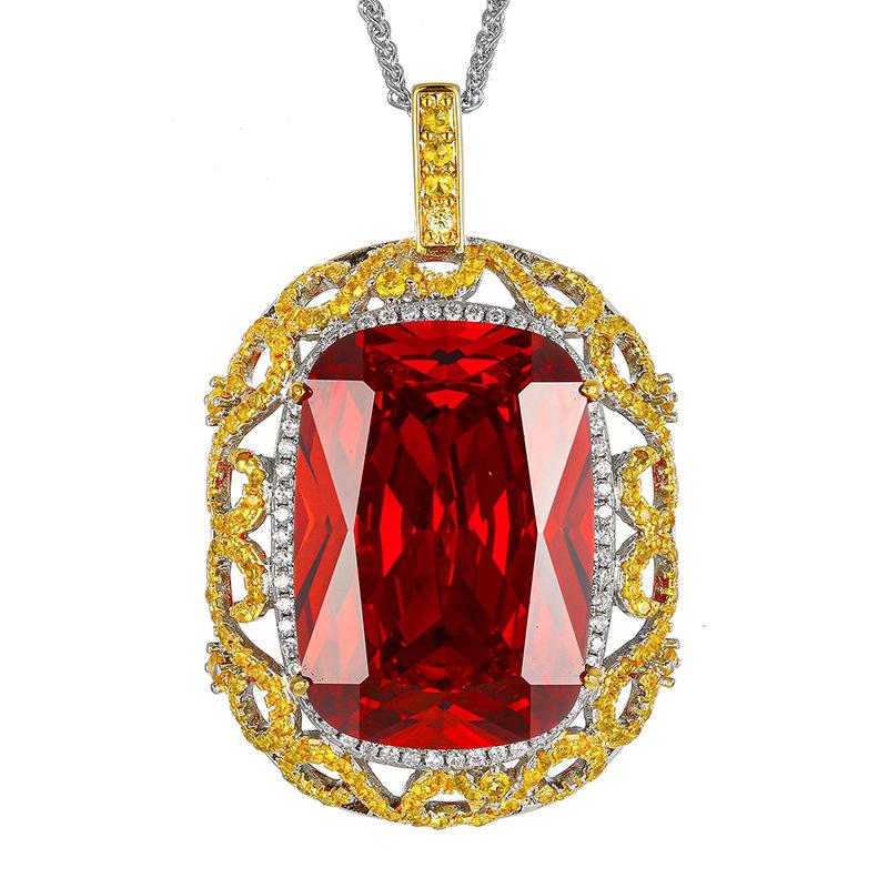 Vintage Rectangular Colored Gemstone Pendant Necklace Yellow White Diamond Accented Big Statement Jewelry for Women Gift