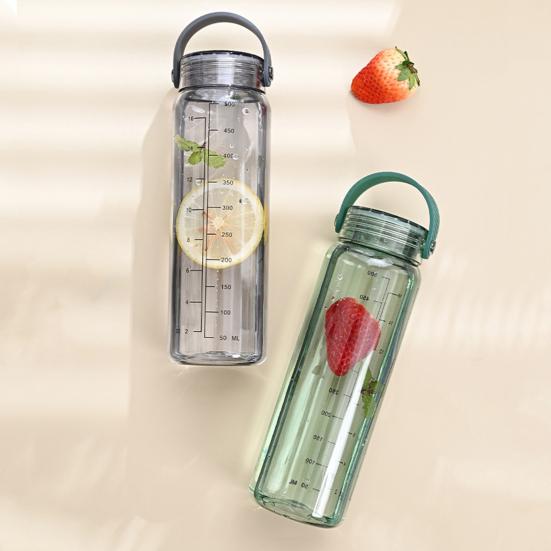 Бутылка для воды 500 мл со шкалой, портативной ручкой, большой емкости, герметичная, для мужчин и женщин, для путешествий, тренировок в тренажерном зале, для занятий спортом, прозрачная удобная чашка для питья