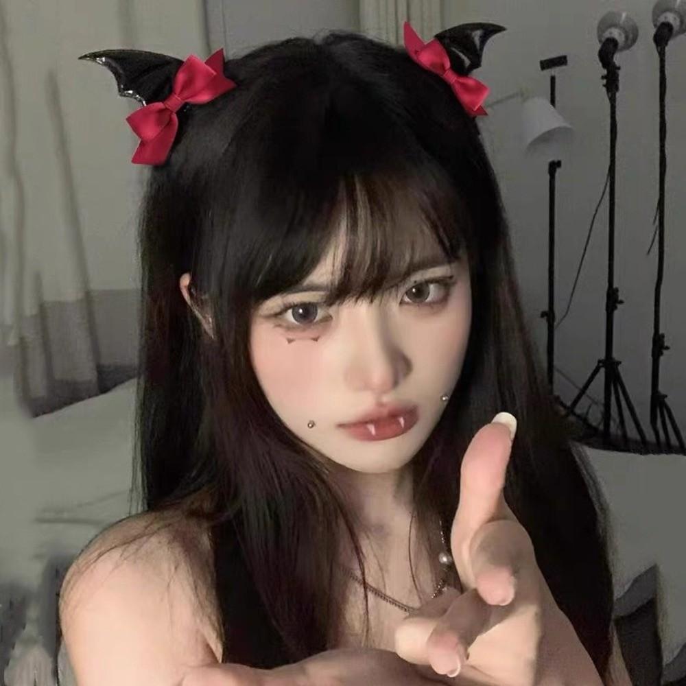 2 Pcs Y2K Bat Wings Hair Clips Bow Devil Horn Hair Clips Fashion Bat Duckbill Clips Cosplay