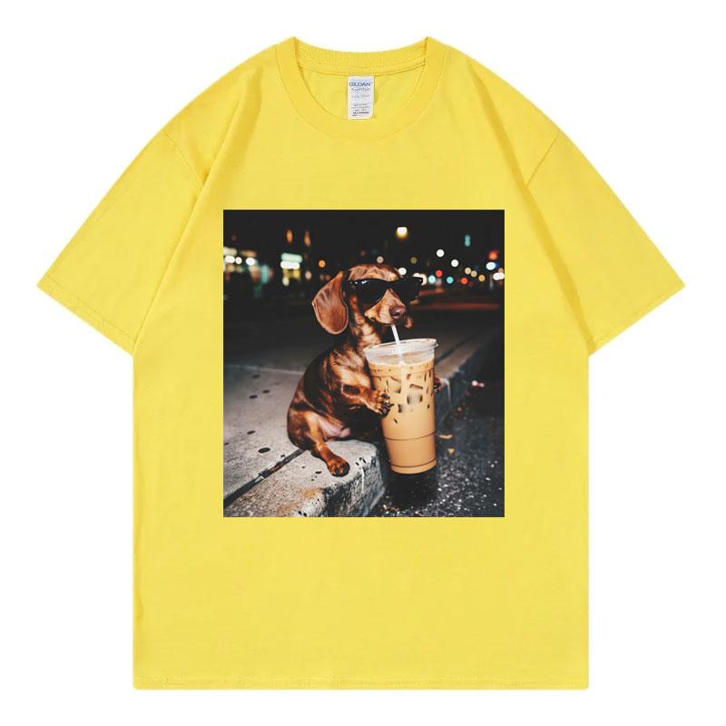 Funny Dachshund Drinking Iced Coffee Meme Graphic T Shirts High Street Fashion Trend Tshirts Unisex Unisex Casual Cotton Tshirt