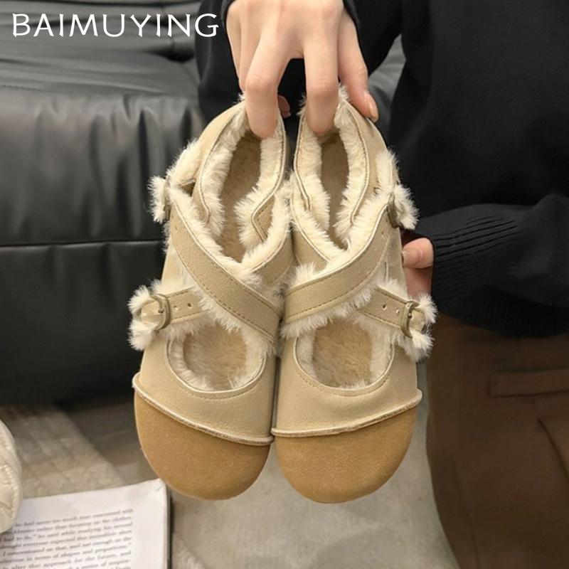 Замшевые туфли на плоской подошве для женщин Mary Janes, короткие плюшевые дизайнерские зимние хлопковые туфли с пряжкой, тренд 2025 года, новые теплые женские туфли