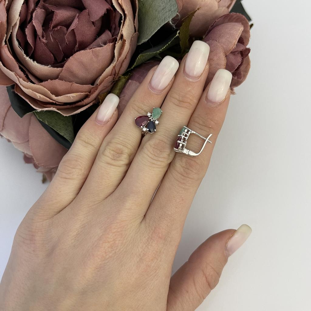 Silver Earrings with 3.73ct Natural Ruby, Sapphire, Emerald (2112303)