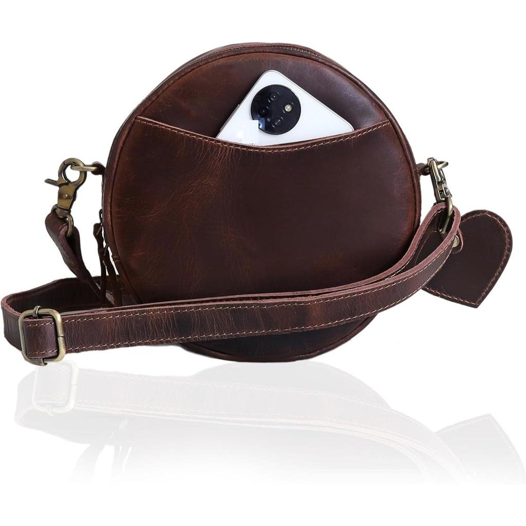 Кожаные сумки через плечо для женщин Модная круглая сумка через плечо Дизайнерские круглые кошельки (Темно коричневый)
