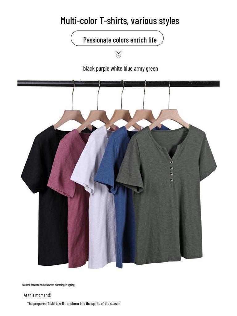 Женская летняя футболка 2024 года больших размеров в стиле ретро с V-образным вырезом и короткими рукавами - однотонная, простая, универсальная и модная.