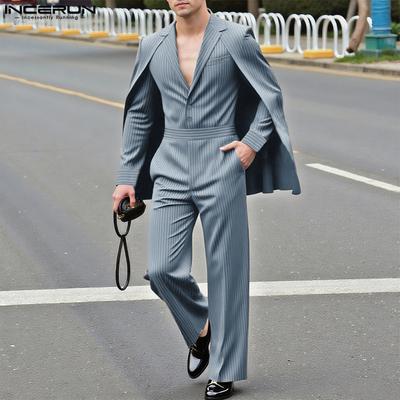 Мужской блейзер-плащ в полоску с лацканами и V-образным вырезом, с длинными рукавами и длинными брюками от костюма, комплекты-двойки
