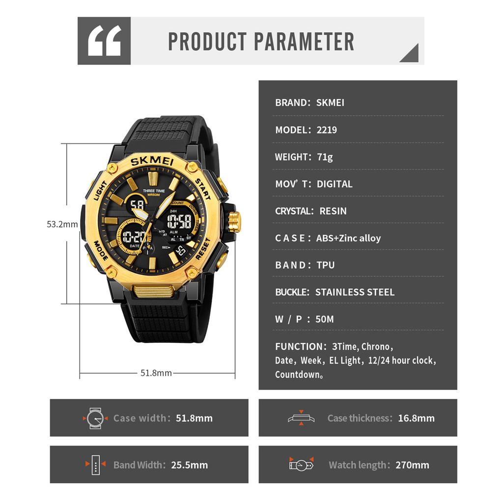 Skmei Двойной дисплей спортивные часы мужские хронограф модные повседневные 5Bar водонепроницаемые цифровые наручные часы обратный отсчет мужской будильник Reloj Hombre