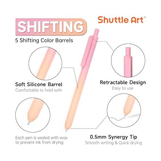 Shuttle Art Набор из 15 гелевых ручек с пастельным градиентом, тонкий стержень 0,5 мм, черные чернила, плавное письмо, быстросохнущие, без кислоты, гелевые ручки с сертификатом AP для
