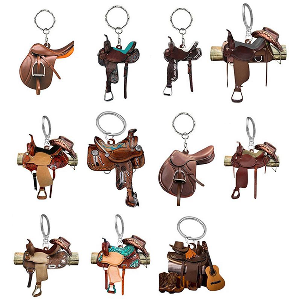 Horse Western Cowboy Saddle Shape Keychain Acrylic Charm Pendant Hanging Keyring Decoration Car Key Rings Holder Gifts Not 3D