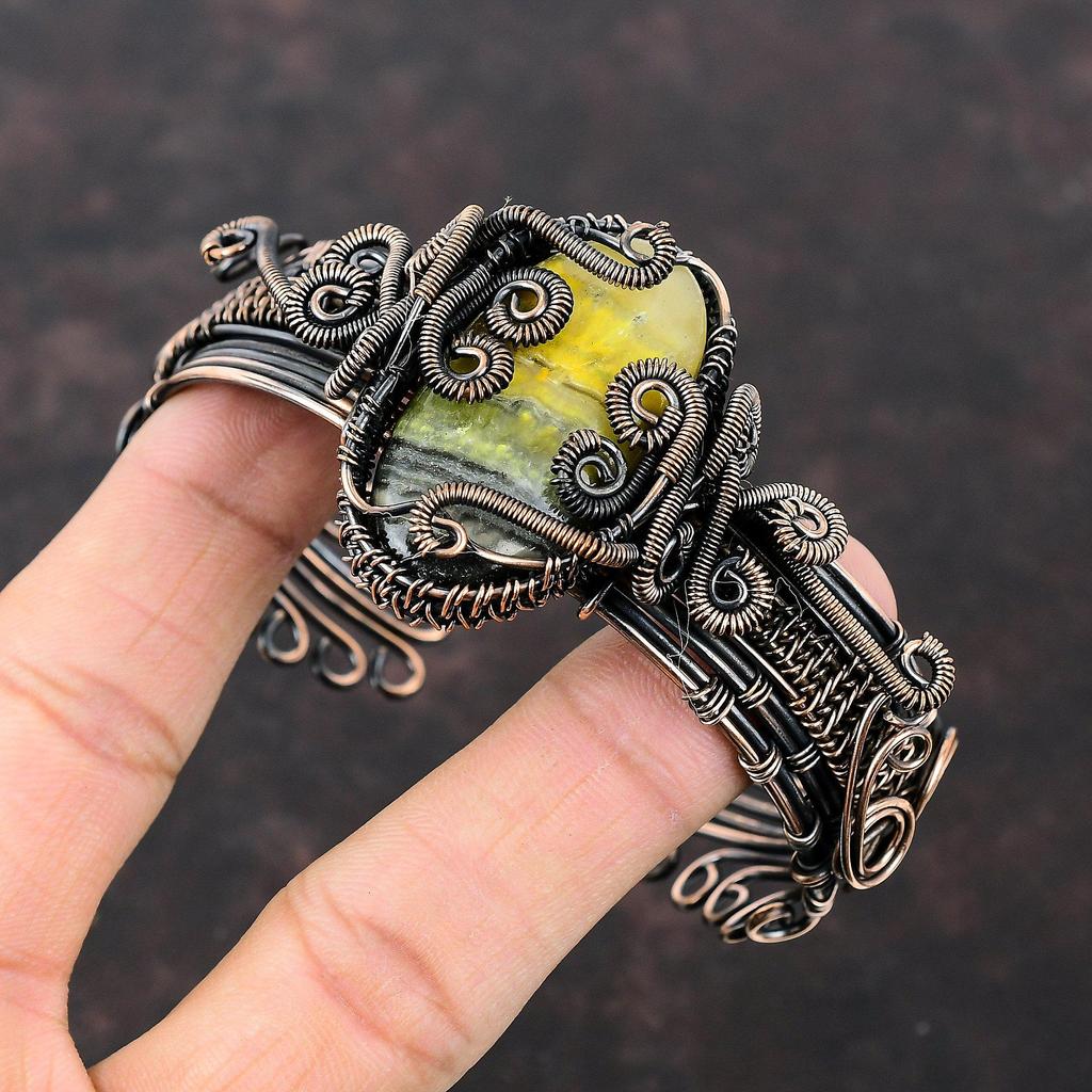Браслет-манжета из яшмы с шмелем, медная проволока, браслет, драгоценный камень, медные украшения, регулируемый браслет ручной работы, свадебный подарок, ювелирные изделия из проволочной обмотки