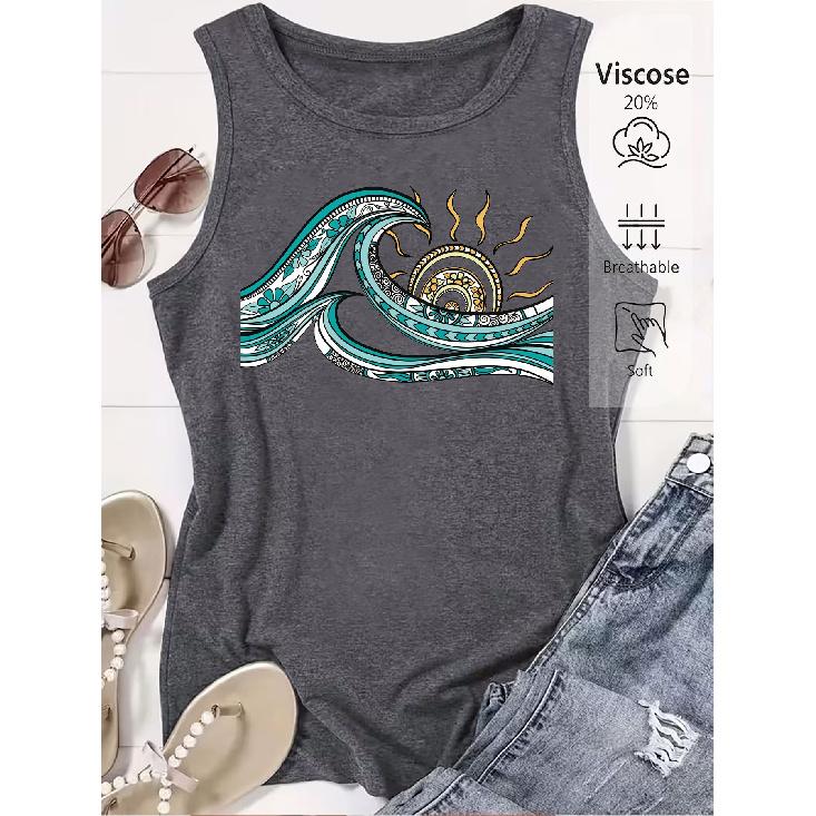 Elegant Vest for Women Ethnic wave print casual loose summer vest Fashionable and elegant tops for commuting, vacation, and everyday wear in a