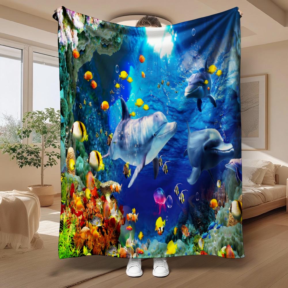 Underwater Dolphin Ocean Theme, Gift for Marine Lovers, Blanket, Vibrant Sea Life Print, Home Decor And Travel, Soft Cozy Multi-Purpose