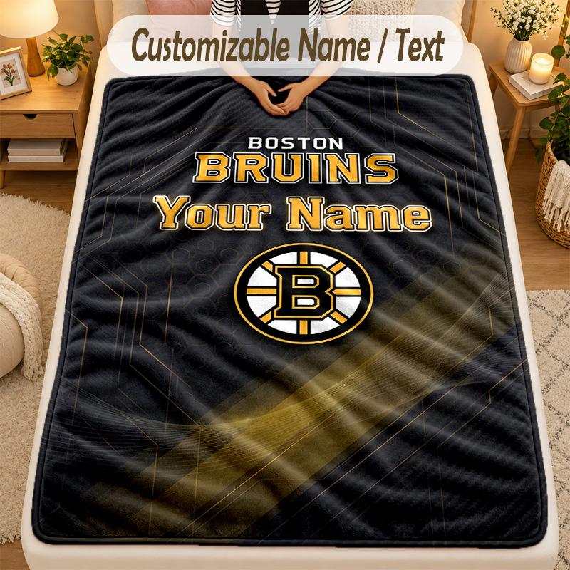Flannel BlanketBoston Bruins Custom Name Text Personalized Soft Warm Throw Blanket Home Decor Gift