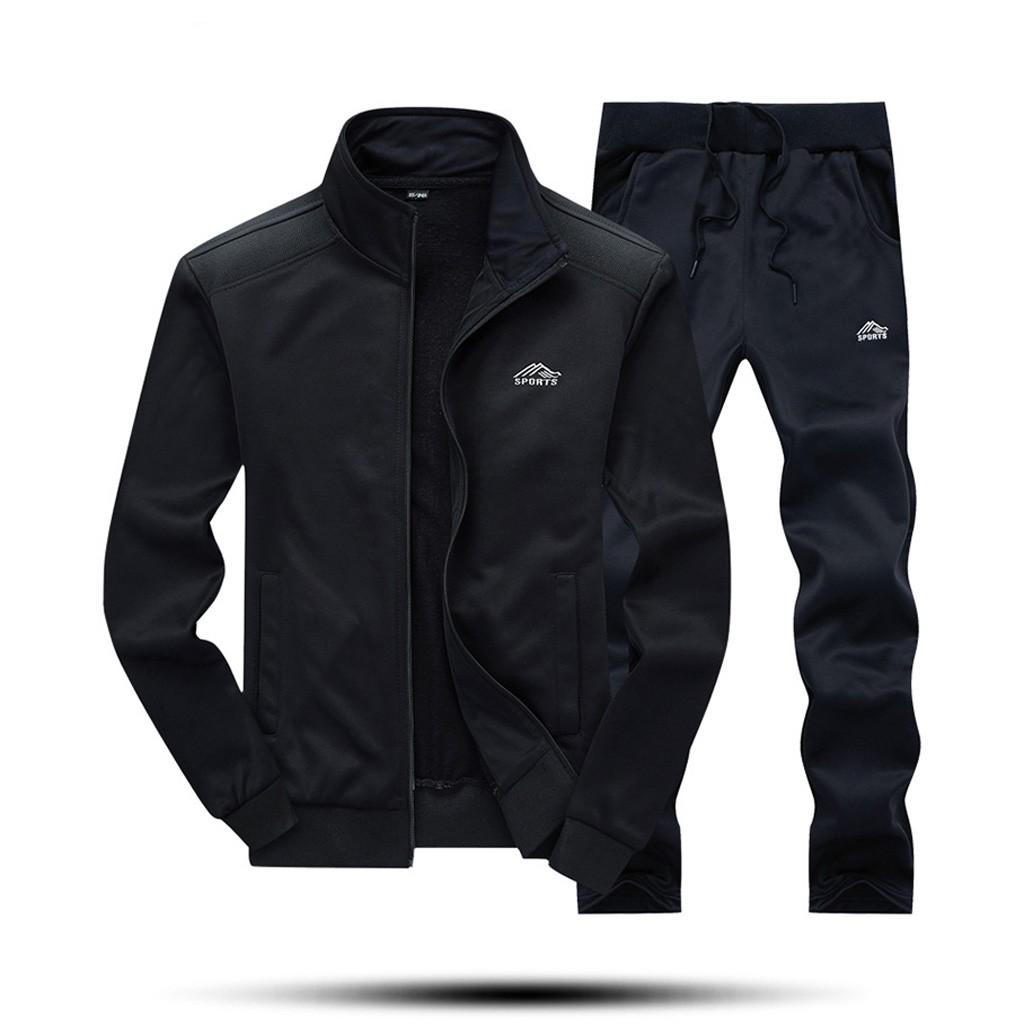 Men's Winter Solid Sweatshirt Tops Pants Sets Sports Suit Tracksuit