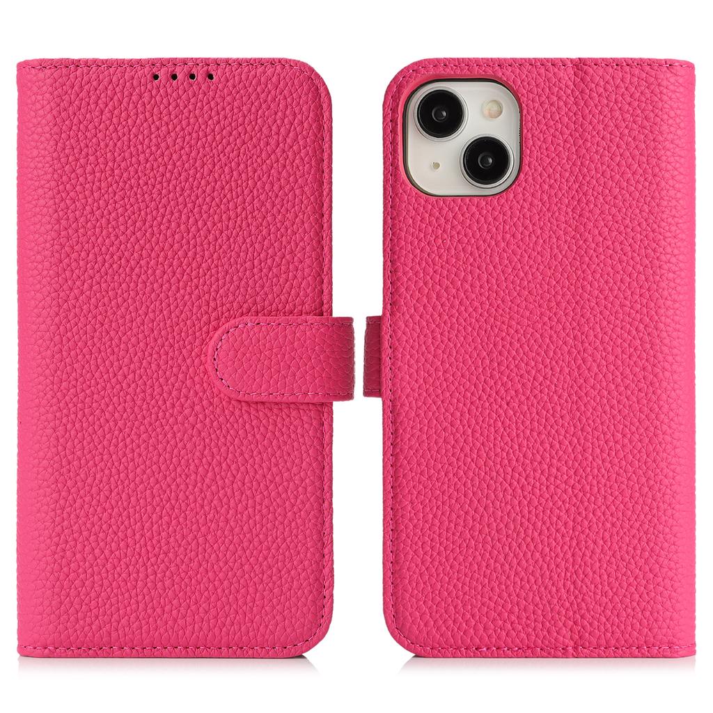 For iPhone 13 mini Stand Case Litchi Texture Genuine Cow Leather Wallet Phone Cover RFID Blocking