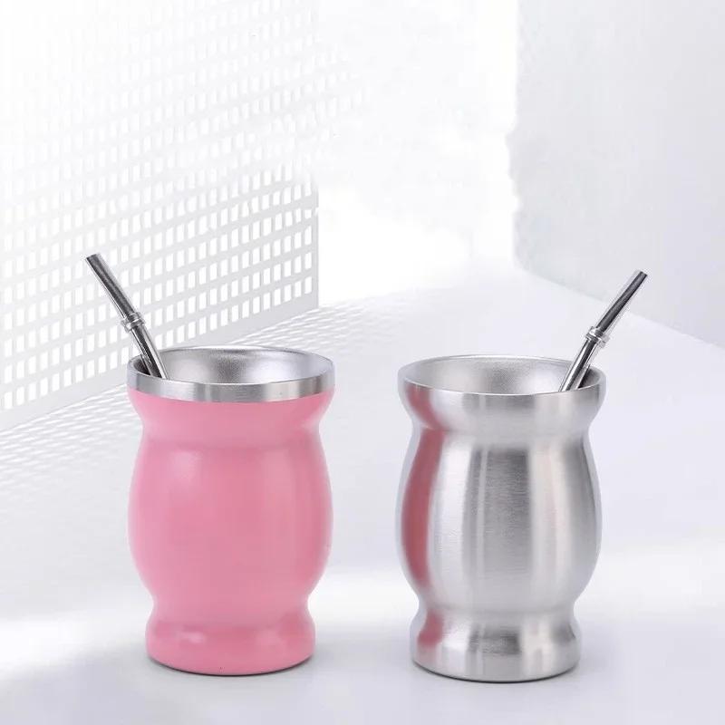 240ml Stainless Steel Mate Cup Argentinean Gourd Shaped Double Insulated Cup Mini Gourd Cup with Stir Filter Straw Spoon Set