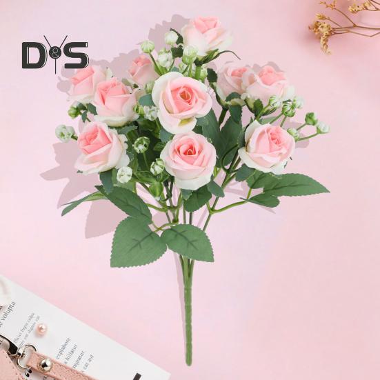 Искусственный букет роз с зелеными листьями на стебле Реалистичные многоразовые искусственные цветочные растения Украшение дома Свадебная вечеринка Фото