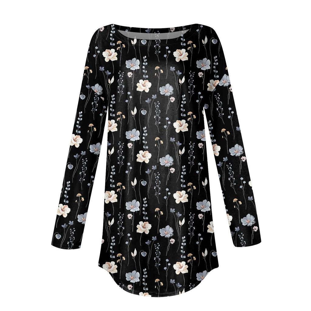 Женская свободная футболка с длинным рукавом с круглым вырезом и принтом, верхний пуловер