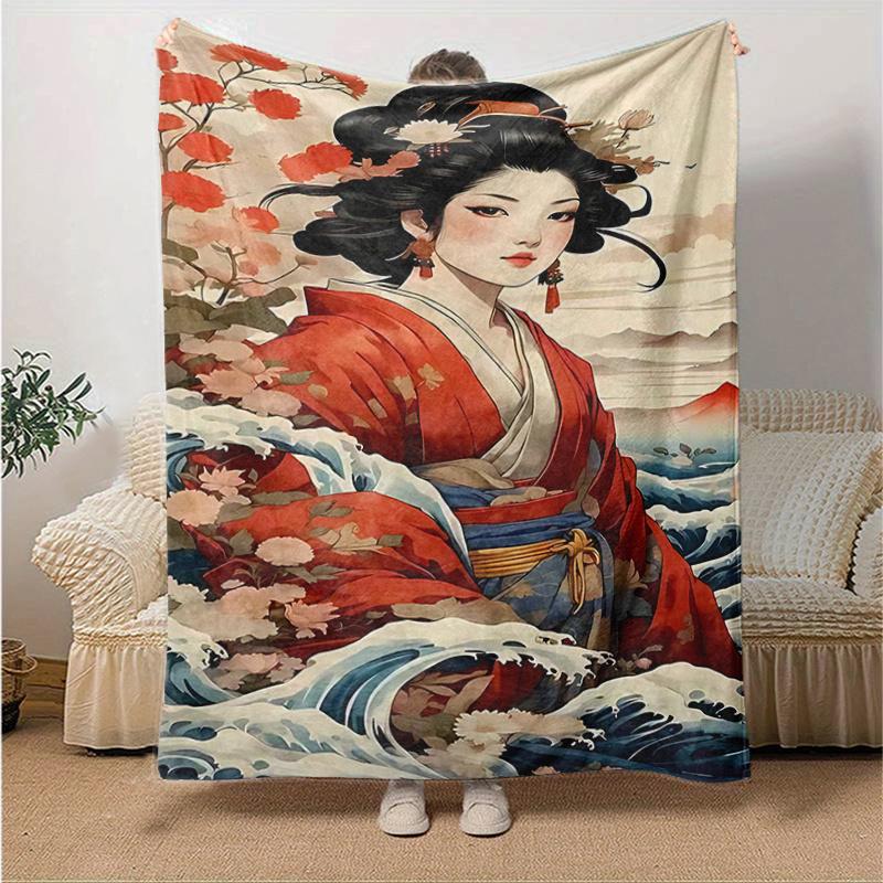 1pc Japanese Geisha Floral Print Blanket Home Decor, Couch Throw, Outdoor Blanket .W051