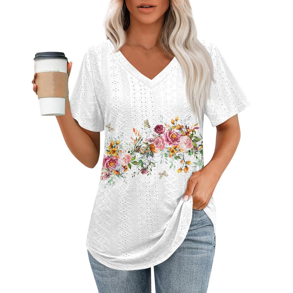 Womens T Shirts V Neck Short Sleeve Casual Tops Loose Fit Basic Tees With Curved Hem