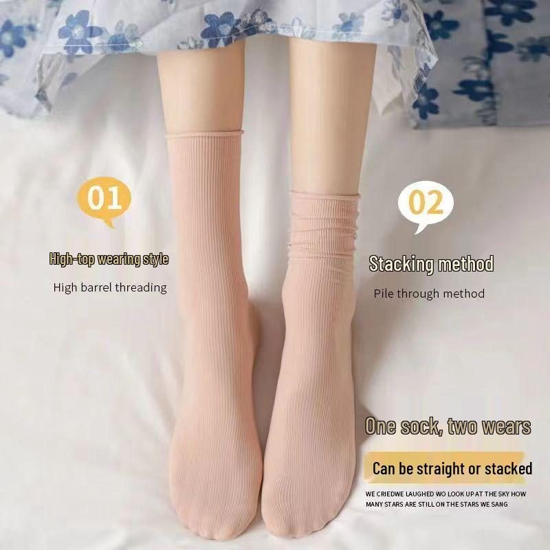 Женские белые носки до середины икры из ледяного шелка: Тонкий, Однотонный, Вельвет, Весна/Лето