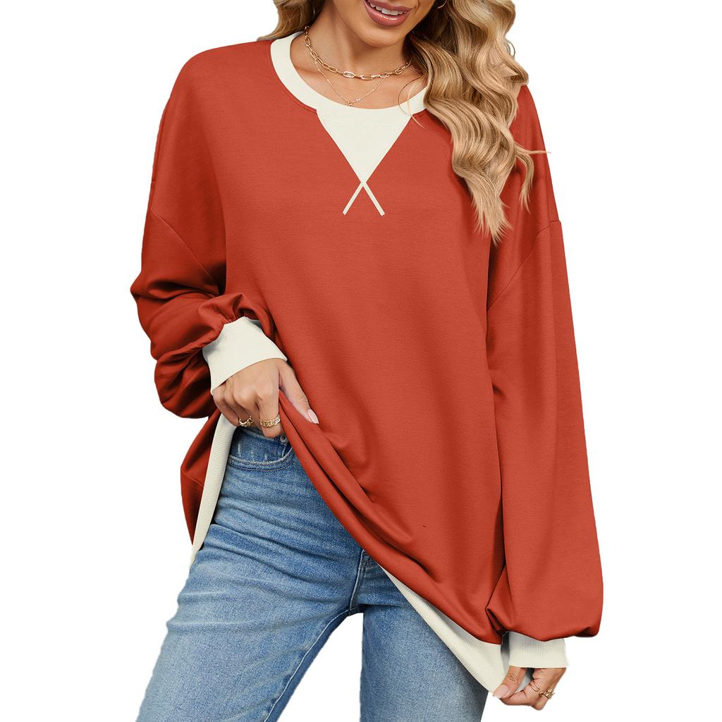 Spring and Autumn Women's Plus Size Color Collision Round Neck Loose Long Sleeve Sweatshirt Top