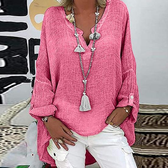 Женская рубашка с V-образным вырезом, длинным рукавом, средней длины, повседневные топы, однотонная свободная футболка из хлопка и льна, повседневная одежда