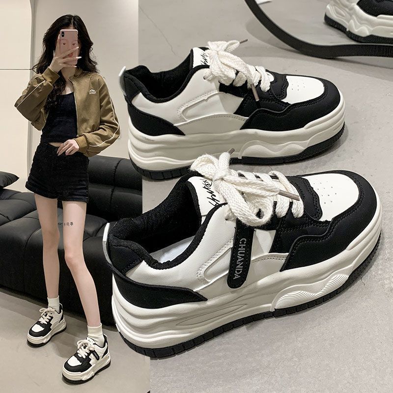 Весна 2025 года, новые женские спортивные универсальные повседневные туфли из мягкой кожи с увеличенным каблуком, белые туфли Super Fire Panda, весна и осень