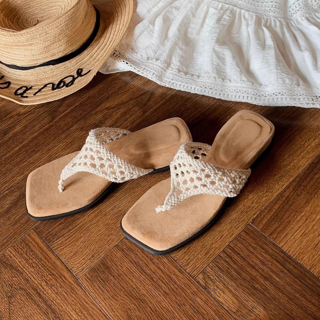 Богемные шлепанцы из овчины женская обувь с ажурным вязаным носком на толстой подошве женские летние сандалии