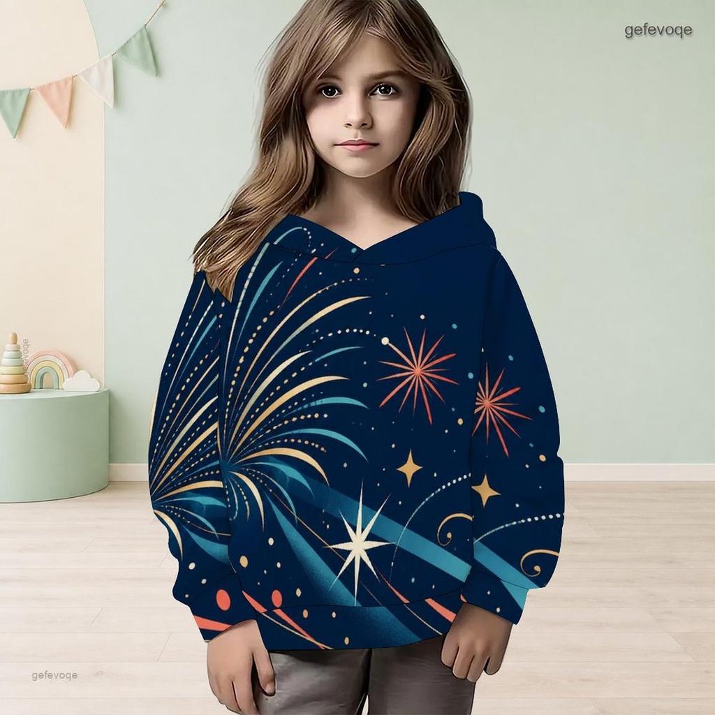 Girls Navy Blue Star Printed Long Sleeve Hooded Pullover Sweatshirt