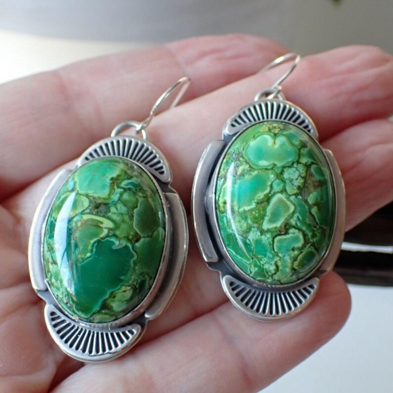 Богемный стиль Инкрустированные синтетической бирюзой Посеребренные серьги-подвески для женских винтажных банкетных ювелирных аксессуаров ручной работы