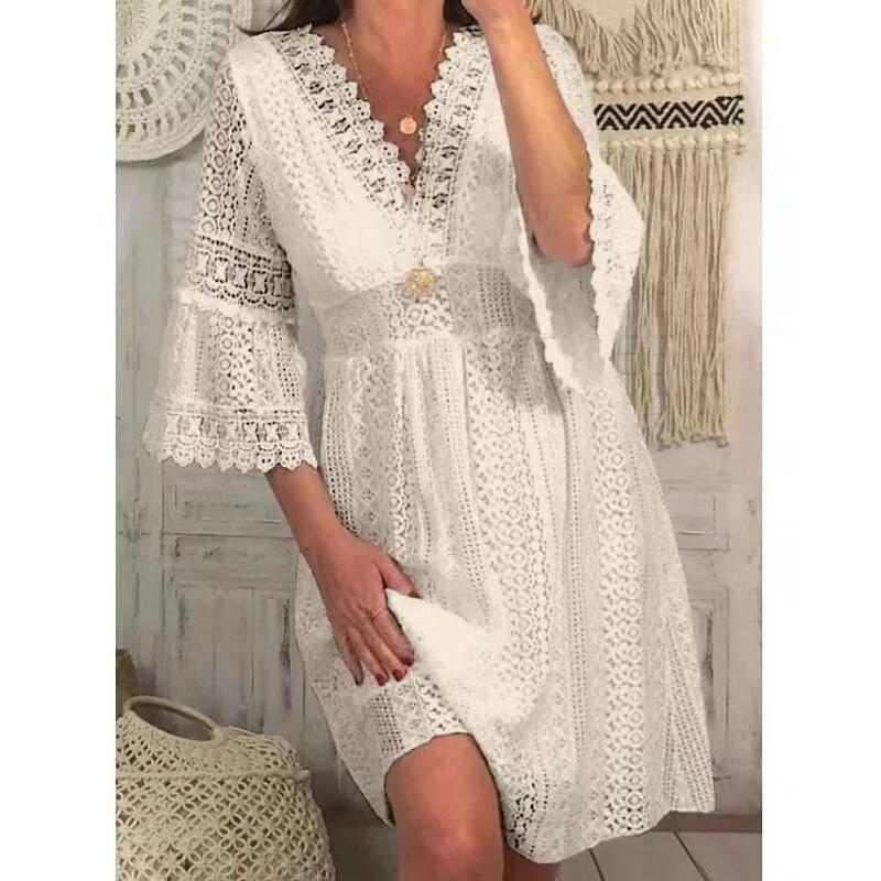 Hollow Out Lace White Summer Dress Women Casual V-neck High Waist Casual Dress Elegant Flare Sleeve Short Dresses Vestidos 28307