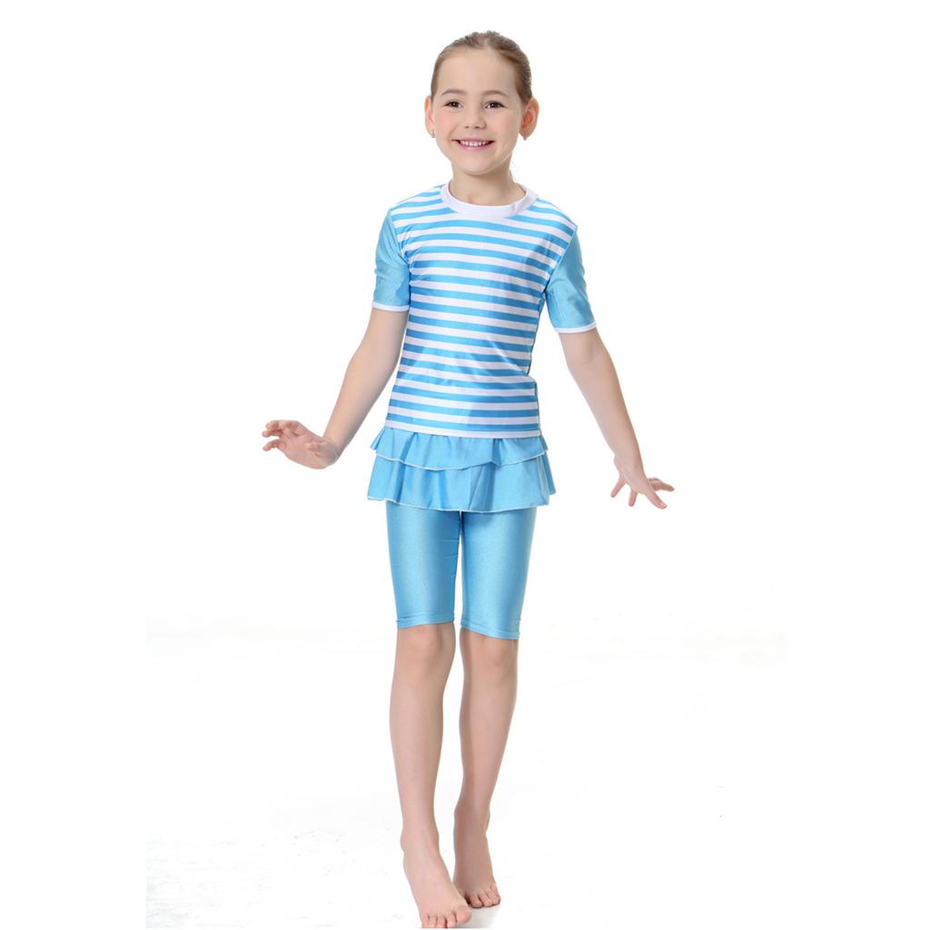 Girls Muslim Swimwears Split Two-piece Swimming Suit Short Sleeve Striped Kids Swimsuit