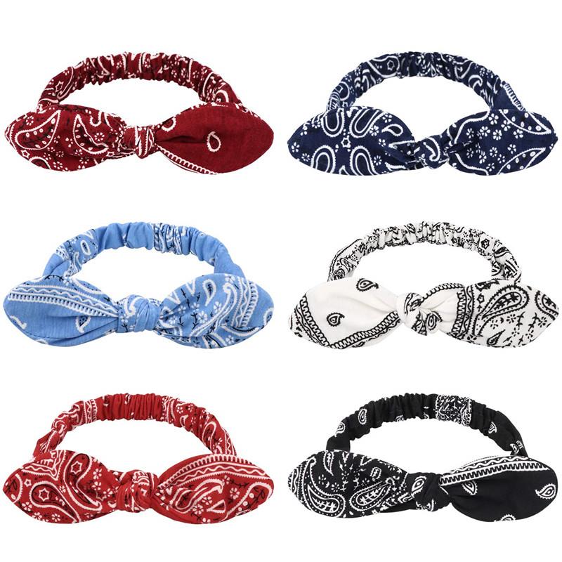 Boho Bow Headbands for Women Vintage Paisley Bandana Flower Printed Hairband Elastic Rabbit Ear Head Wrap Cashew Print Bandage Cute Hair Accessories