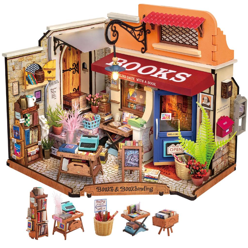 Corner Bookstore DIY Miniature House Kit Build Mini House Building Kit со светодиодными лампами Подарки для детей и девочек