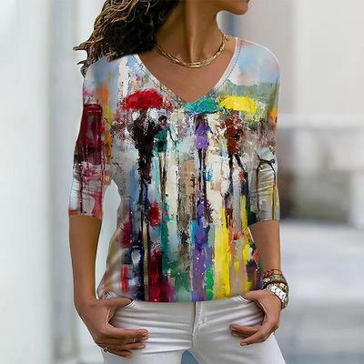 Женские осенние футболки с длинными рукавами и цветочным принтом в красочные крапинки, свободные футболки с v-образным вырезом размера плюс, топы, удобная блузка