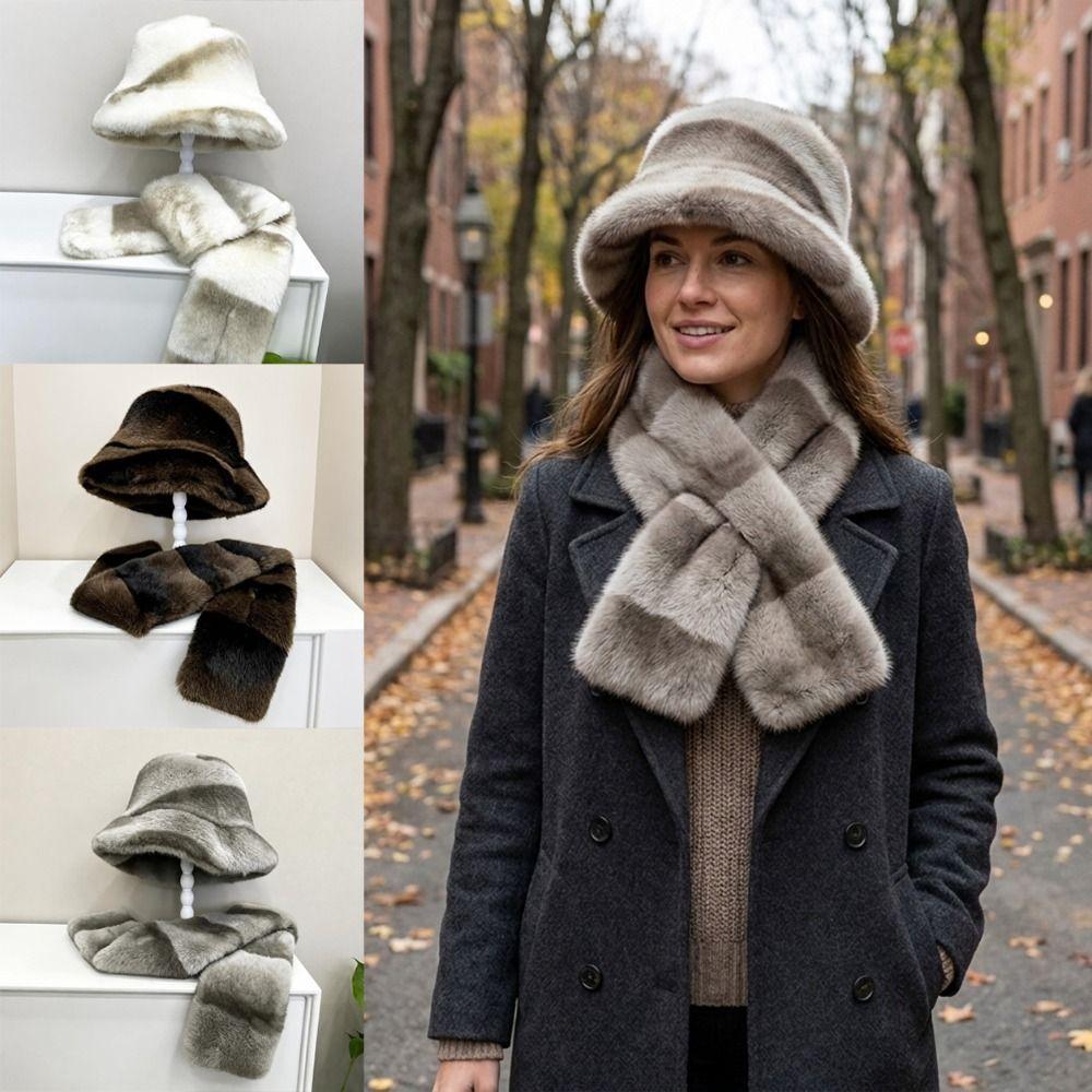 Double-Sided Faux Fur Hat Scarf Set Windproof Plush Hat Scarf Soft Bucket Hat Scarf For Women