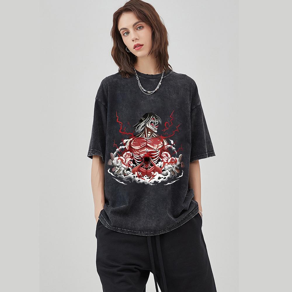 Футболка с рисунком из аниме «Атака титанов», хип-хоп, свободная уличная одежда, винтажный принт, стираная футболка с коротким рукавом, топы