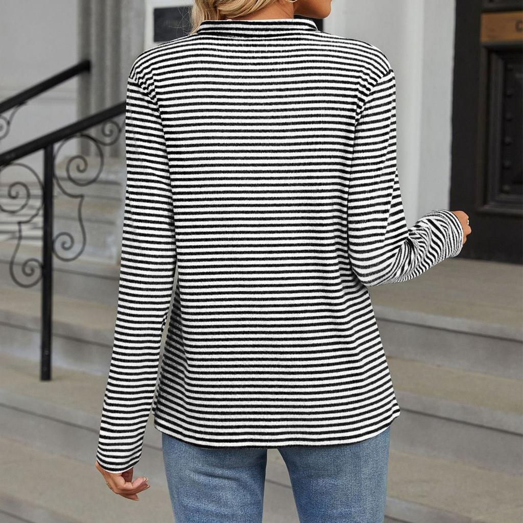 Women's Fashion Striped V Neck SLong Sleeve Button Casual T-shirt Top